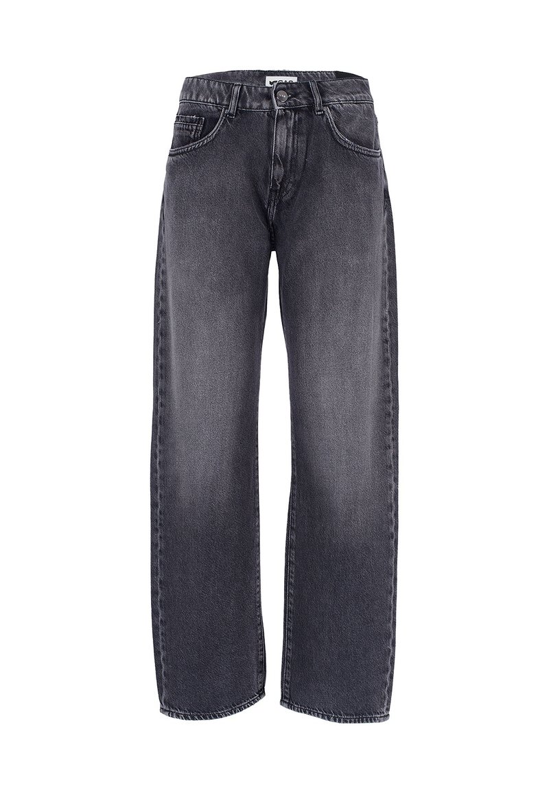 Jeans a vita alta e gamba larga in denim grigio scuro. Presentano cinque tasche, una chiusura con bottone davanti e dettagli di cucitura visibili lungo le cuciture.