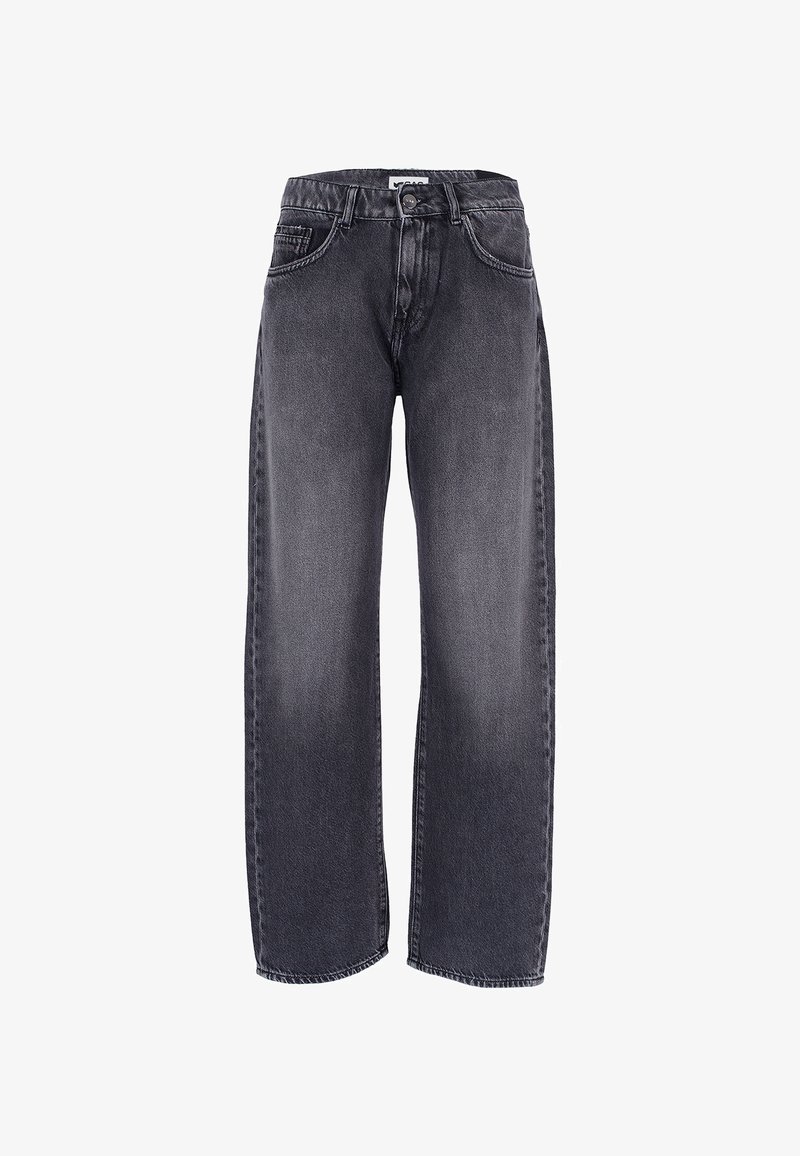 Jeans a vita alta e gamba larga in denim grigio scuro. Presentano cinque tasche, una chiusura con bottone davanti e dettagli di cucitura visibili lungo le cuciture.