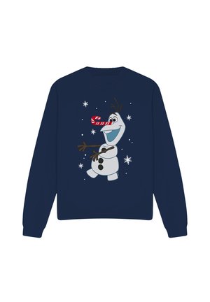 Navy blue sweatshirt featuring a cartoon snowman with a candy cane nose, surrounded by white snowflakes and a playful design.