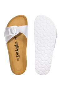 Sandalo bianco con fibbia argentata, soletta in sughero marrone, suola bianca testurizzata e logo sulla pianta. Design con apertura delle dita.