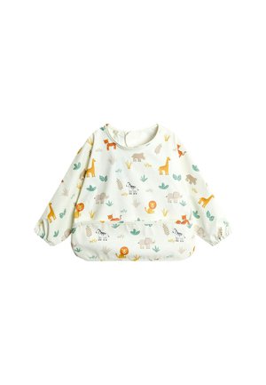 Langarm-T-Shirt für Kleinkinder in hellem Creme, mit Tier- und Blattmustern in Orange, Grün und Grau. Rundhalsausschnitt und elastische Bündchen.