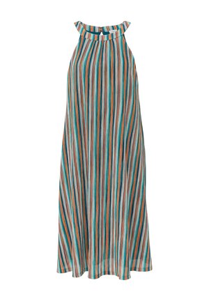 Robe sans manches avec des rayures verticales en sarcelle, orange, blanc et marron, dotée d'un col rond avec une petite fermeture bouton dans le dos.