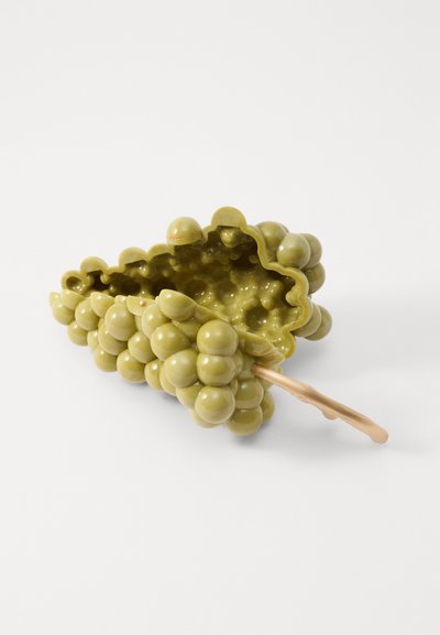 Green ceramic grape cluster dish with a textured surface, rounded beads, and a smooth, tapered stem. Measures approximately 10 inches in length.