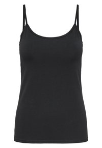 Schwarzes Tanktop aus weicher Baumwolle, mit dünnen Trägern, einem rundem Ausschnitt und taillierter Form. Glatte Textur ohne Muster oder Akzente.