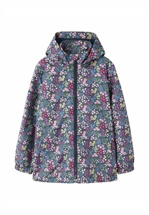 Veste à capuche pour enfants avec manches longues, fermeture éclair à l'avant, et imprimé floral multicolore en rose, bleu, blanc et vert sur fond foncé.