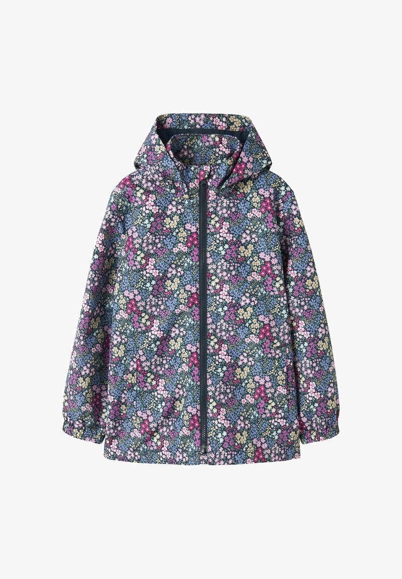 Veste à capuche pour enfants avec manches longues, fermeture éclair à l'avant, et imprimé floral multicolore en rose, bleu, blanc et vert sur fond foncé.
