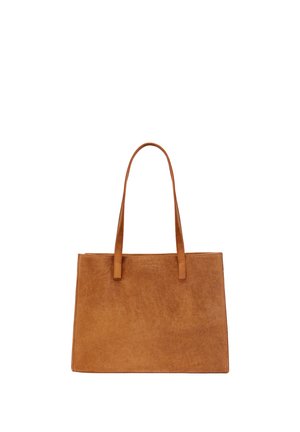 Brown suede tote bag with two long handles, rectangular shape, and subtle embossed brand name at the top center.