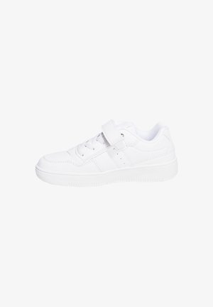 White synthetic sneaker with a perforated toe, lace-up front, adjustable Velcro strap, and textured rubber sole. Flat design with minimal branding.