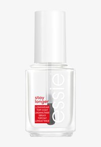 Bottiglia di smalto trasparente con un tappo bianco. L'etichetta riporta "stay longer" e "longwear top coat" in testo rosso. Pennello piatto visibile all'interno.