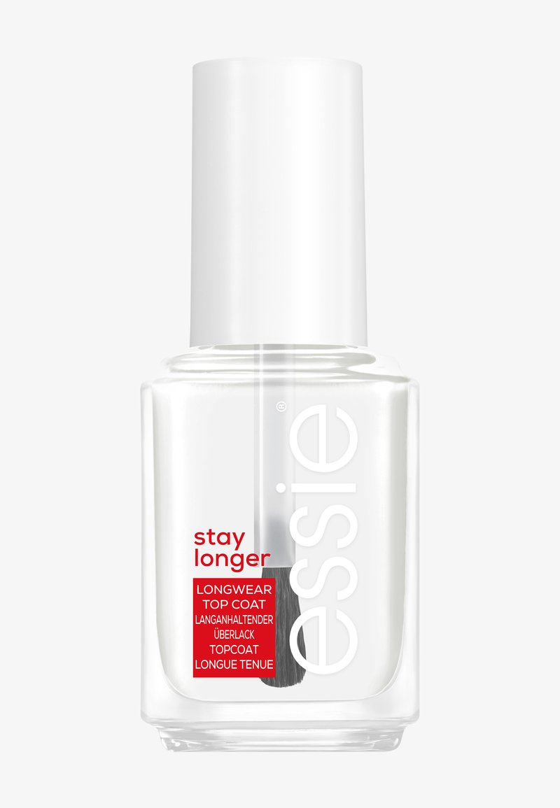 Bottiglia di smalto trasparente con un tappo bianco. L'etichetta riporta "stay longer" e "longwear top coat" in testo rosso. Pennello piatto visibile all'interno.