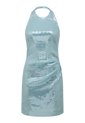 Hele sinine sädelev kaelarihmaga kleit, millel on liibuv siluett ja kergelt langeva detailiga seelik.