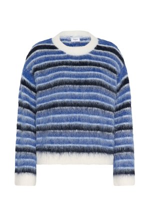 Pull rayé dans différentes nuances de bleu, avec des lignes noires, une texture duveteuse, un col rond, et des poignets et ourlet blancs.