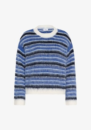 Pull rayé dans différentes nuances de bleu, avec des lignes noires, une texture duveteuse, un col rond, et des poignets et ourlet blancs.