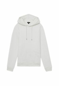 Biely rebrovaný hoodie s kapucňou a šnúrkou, dlhými rukávmi a voľným strihom. Má mäkkú textúru a decentný, minimalistický dizajn.
