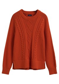 Pull couleur rouille en tissu tricoté texturé. Présente des motifs torsadés et un large bord-côte. Col rond et manches longues.