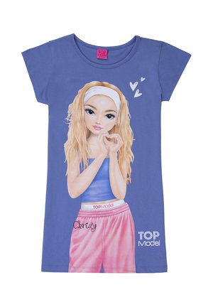 Purple t-shirt with cartoon girl making a heart shape with hands, wearing a white headband, blue top, and pink pants with "TOP Model" text.