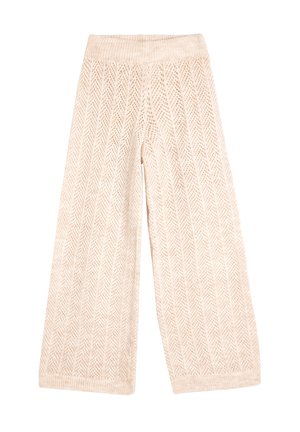 Helle beige gestrickte weite Hose verfügt über ein strukturiertes Fischgrätenmuster, einen dicken Bund und einen weichen Stoff mit einem gemütlichen Aussehen.