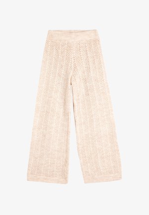 Lichtbeige gebreide wijde broek heeft een textuur met een visgraatpatroon, een brede tailleband en een zachte stof met een gezellige uitstraling.