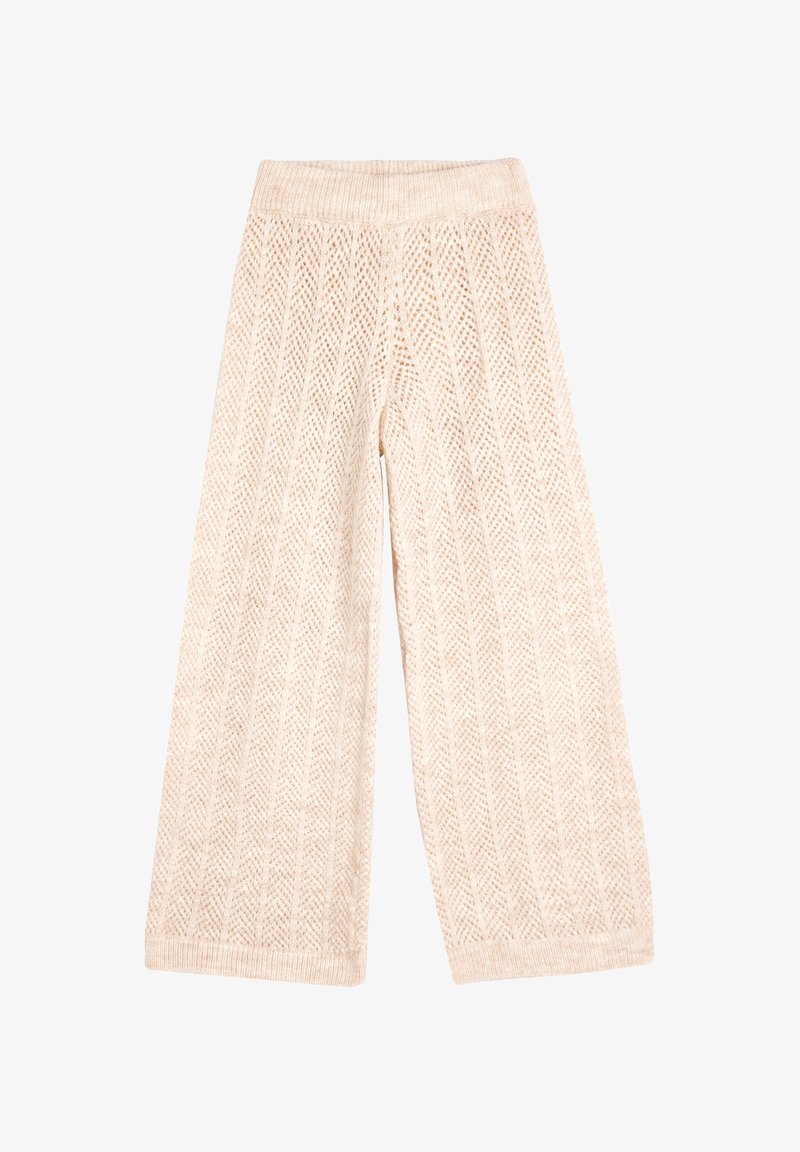 Helle beige gestrickte weite Hose verfügt über ein strukturiertes Fischgrätenmuster, einen dicken Bund und einen weichen Stoff mit einem gemütlichen Aussehen.