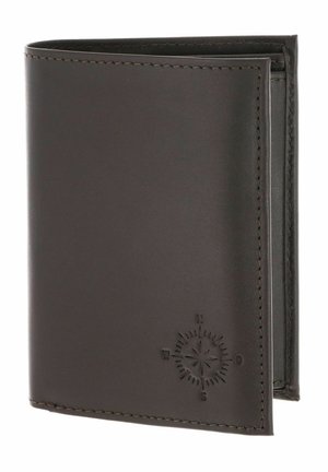 Portefeuille bifold en cuir brun foncé avec un motif de boussole embossé dans le coin inférieur droit, montrant un bord légèrement ouvert.