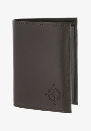 Portefeuille bifold en cuir brun foncé avec un motif de boussole embossé dans le coin inférieur droit, montrant un bord légèrement ouvert.