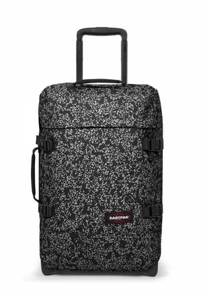 Black wheeled duffel bag with a speckled white pattern, featuring durable fabric, adjustable side straps, and a retractable handle for transport.