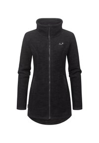 Black fleece jacket with high collar, full zipper, two side pockets, textured fabric, and subtle logo on the chest. Length extends past the hips.