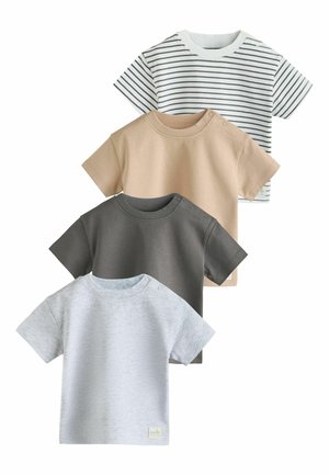 Four short-sleeve baby t-shirts in gray heather, dark gray, beige, and white with black stripes, all with shoulder snap buttons.