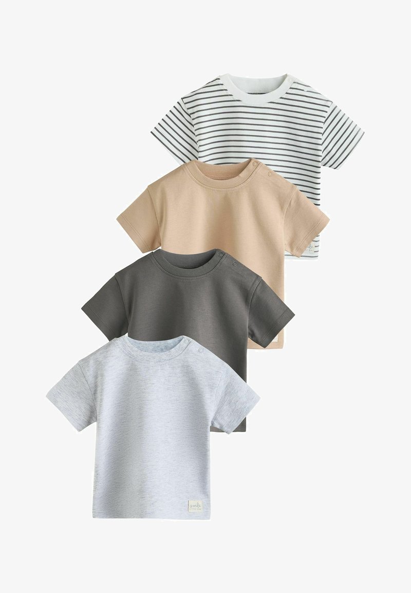 Quatre t-shirts bébé à manches courtes en chiné gris, gris foncé, beige et blanc avec des rayures noires, tous avec des boutons pression aux épaules.