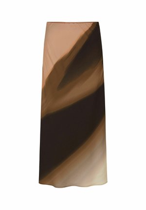 Plūstoša midi svārki no viegla auduma ar pakāpenisku zemes toņu gradienta rakstu: brūns, bēšs un krēmkrāsas. Gluda tekstūra ar vieglu spīdumu.