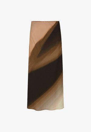 Sraunanti midi sijonas iš lengvos medžiagos, puošto žemiškų atspalvių gradientiniu raštu: ruda, smėlio spalva ir grietinėlės. Švelnios tekstūros su švelniu blizgesiu.