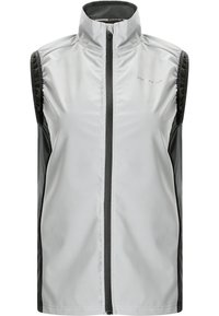 Mouwloze vest in zilver en zwart, met een hoge kraag, rits aan de voorkant en een gladde textuur met contrasterende zijpanelen.