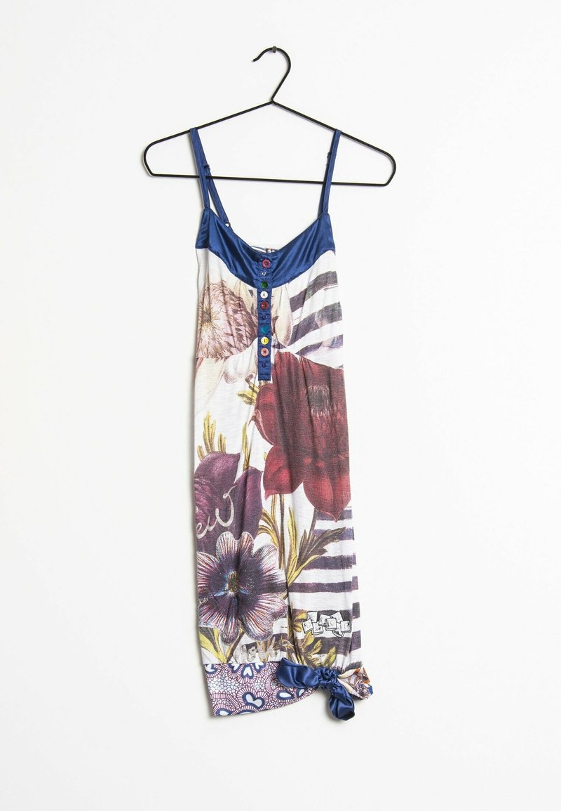 Floral-patterned dress with blue satin straps and buttons, featuring purple and red flowers, striped background, and a tied detail at the hem.