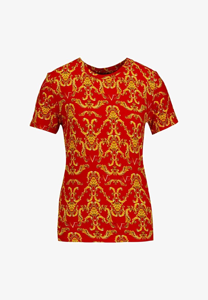 Rode t-shirt met korte mouwen, versierd met een ingewikkeld geel architectonisch patroon, ronde halslijn en een gladde textuur. Ontworpen voor een aansluitende look.