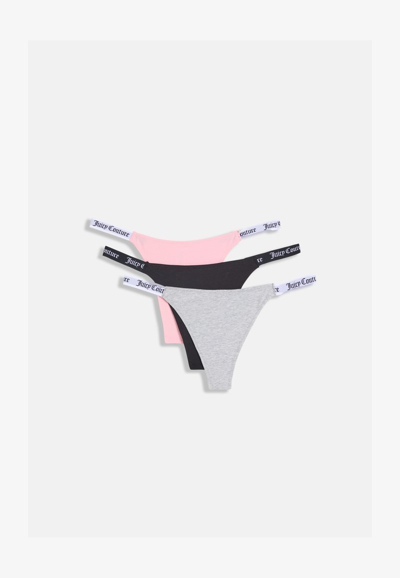 Trei perechi de chiloți tip thong în roz, negru și gri. Fiecare prezintă un brâu elastic moale cu logo-ul "Juicy Couture".