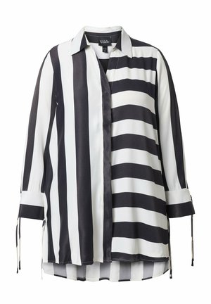 Sort- og hvidstribet bluse med krave, lange ærmer og bundne manchetter. Glat, let stof med et flydende design.