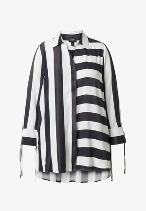 Sort- og hvidstribet bluse med krave, lange ærmer og bundne manchetter. Glat, let stof med et flydende design.