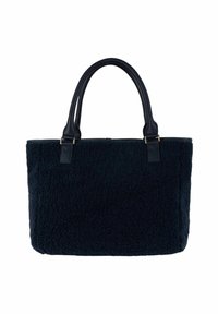 Zwarte textuur tote bag met twee ronde leren handvatten bevestigd met gouden hardware, rechthoekige vorm met een zachte stoffen buitenkant.