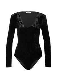 Schwarzer Samt-Bodysuit mit langen Ärmeln, tiefem V-Ausschnitt und figurbetontem Schnitt mit glatter Textur.