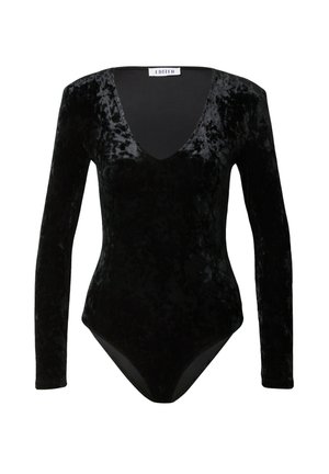 Zwart fluwelen body met lange mouwen, een diepe V-hals en een aansluitende silhouet met een gladde textuur.