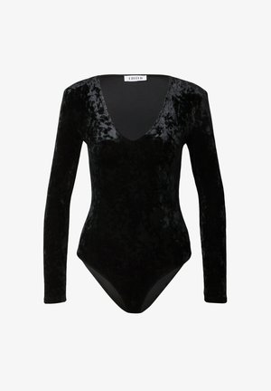 Zwart fluwelen body met lange mouwen, een diepe V-hals en een aansluitende silhouet met een gladde textuur.