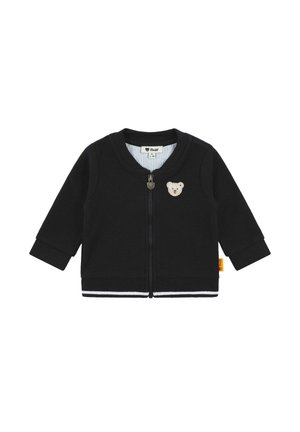 Black zip-up jacket made of cotton, featuring a bear emblem on the chest, ribbed cuffs, and a striped inner lining.