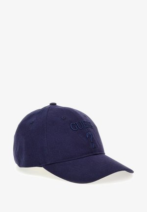 Gorra de béisbol de algodón azul marino con un diseño de logotipo bordado y signo de interrogación en el frente, con visera curva y correa ajustable.