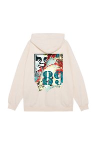 Cremfarbener Hoodie mit einem großen Grafikdruck auf der Rückseite, der die Zahl "89" in Türkis zeigt, umgeben von filigranen Mustern und Farben.