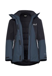 Wasserdichte Jacke in Blau und Dunkelgrau mit Kapuze, mehreren Reißverschlusstaschen und innenliegender Polsterung zur Isolierung, mit einer weichen Textur.