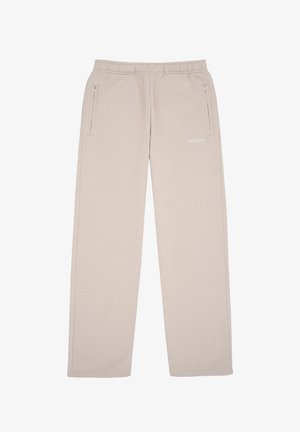Beige sweatpants met rechte pijpen, elastische tailleband, twee zijzakken met rits en een klein wit logo op het bovenste gedeelte van de rechterdij.