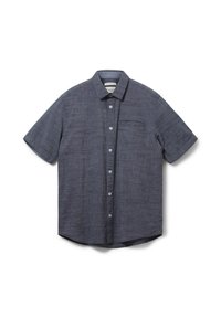 Kortärmad skjorta i mörkblått, strukturerad tyg. Har en knäppning framtill, en enskild bröstficka och rundad nederkant.
