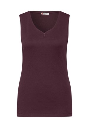 Burgundy ärmlös topp med V-ringning, två små knappar vid halsen, gjord av mjukt tyg, med en slät yta och figurnära passform.