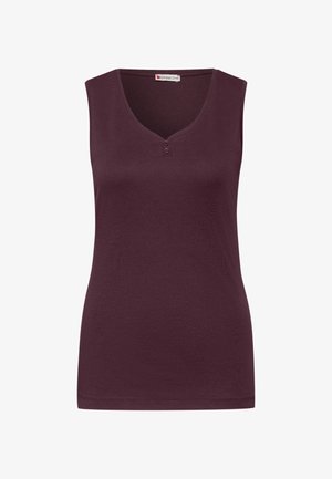 Top senza maniche bordeaux con scollatura a V, due piccoli bottoni all'collo, realizzato in un tessuto morbido, caratterizzato da una texture liscia e una forma aderente.