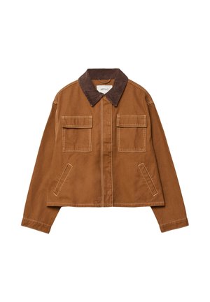 Ruskea puuvillatakki, jossa on corduroy-kaulus, kaksi etutaskua ja lyhyt muoto. Eristävä ommel saumoissa.